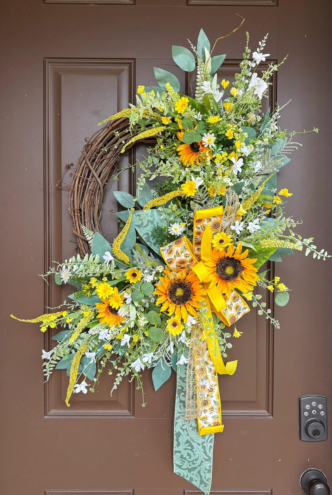 Sunflower Grapevine Wreath for Front Door With Bow and Wildflowers - Etsy