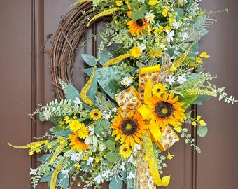Sunflower grapevine wreath for front door with bow and wildflowers