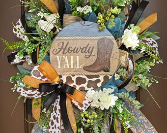 Howdy yall decomesh wreath for front door, western cowboy boot decor with cow print