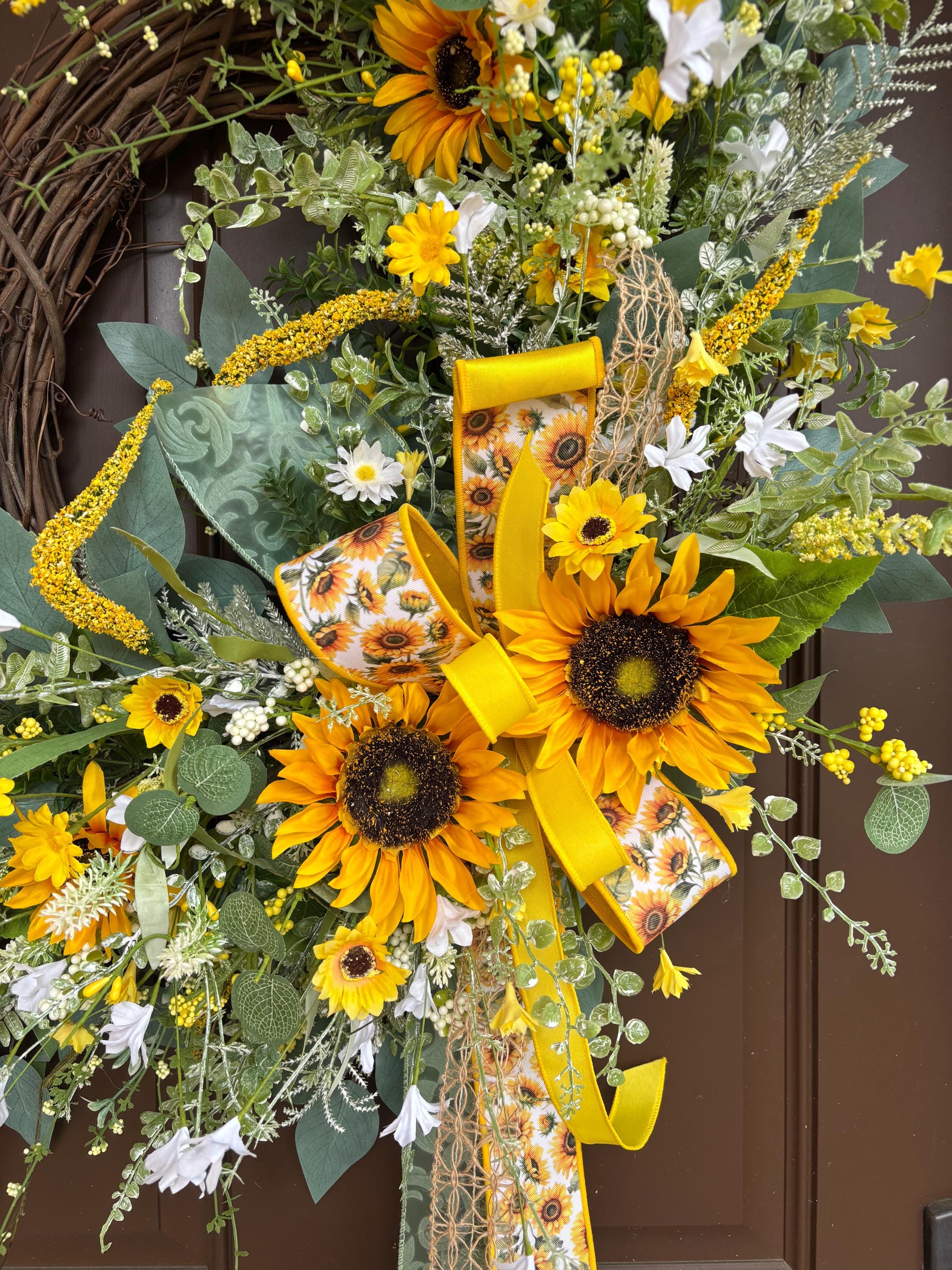 Sunflower Grapevine Wreath for Front Door With Bow and Wildflowers - Etsy