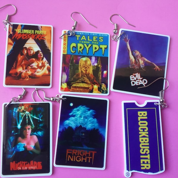 A14 - Boucles d'oreilles VHS pour films d'horreur des années 80, collier ras de cou, cauchemar, orme, soirée pyjama dans la rue, massacre diabolique, frayeur nocturne