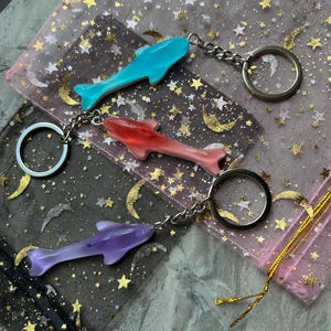 Può includere: Tre portachiavi a forma di delfino in turchese, rosso e viola. Ogni portachiavi ha una catena e un anello argentati. I portachiavi sono esposti su un tessuto trasparente con stelle e lune dorate.