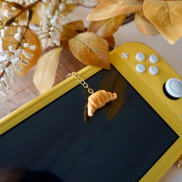 Nintendo Switch Croissant Charm | Cozy Gamer Gift | Cozy Aesthetic | Dust Plug Headphone Jack | Polymer Clay Bakery