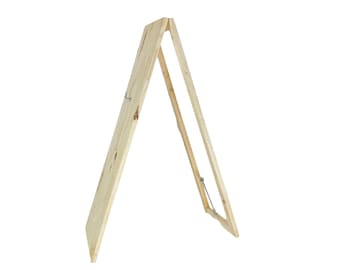 May include: A wooden A-frame sign with a natural finish. The sign is made of two panels that are hinged together. The sign is folded flat for storage and can be easily set up.