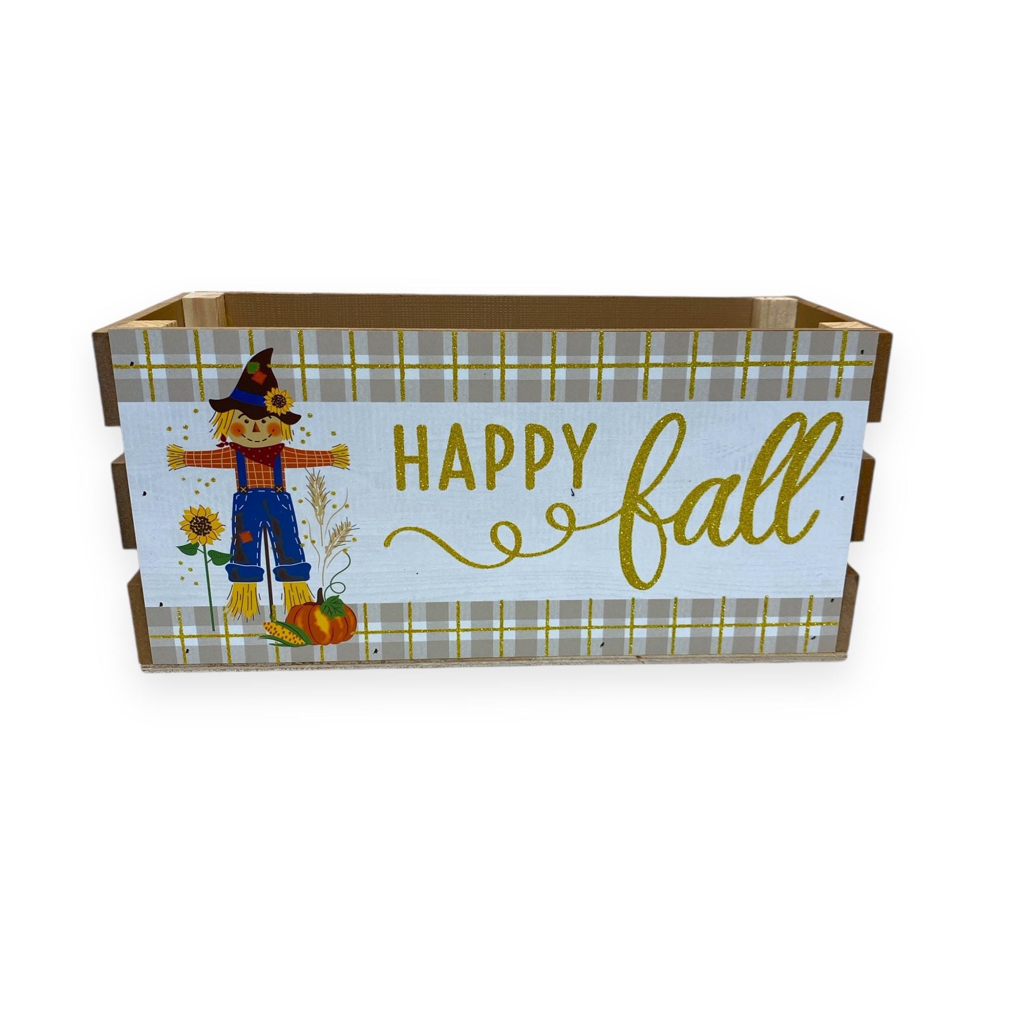 Happy Fall Wooden Box Crate, Autumn Harvest Scarecrow Decor, 13x5x6, Rustic Storage, Gift Basket for Fall, Pumpkin Patch Theme, Fall Decor