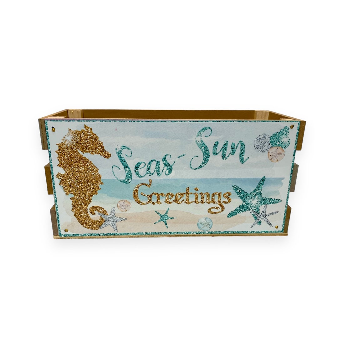 View of Christmas Beach Wood Crate Box, seas-sun Greetings, Coastal Holiday ...