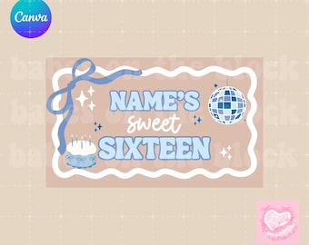 Sweet 16 Banner • Editable Canva Sweet Sixteen Banner • Girly Coquette Birthday Banner Template • Girly Birthday Banner