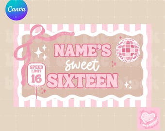 Sweet 16 Banner • Editable Canva Sweet Sixteen Banner • Girly Coquette Birthday Banner Template • Girly Birthday Banner