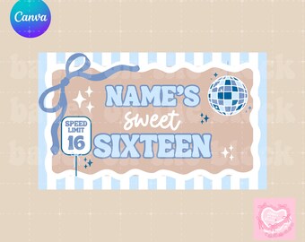 Sweet 16 Banner • Editable Canva Sweet Sixteen Banner • Girly Coquette Birthday Banner Template • Girly Birthday Banner