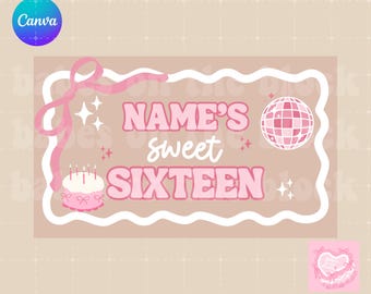 Sweet 16 Banner • Editable Canva Sweet Sixteen Banner • Girly Coquette Birthday Banner Template • Girly Birthday Banner