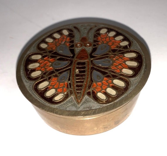 Vintage Enamel & Brass trinket Box Butterfly - image 1