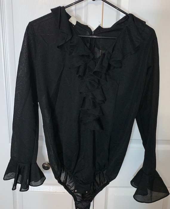 Black sheer bodysuit has ruffled collar and sleev… - image 1