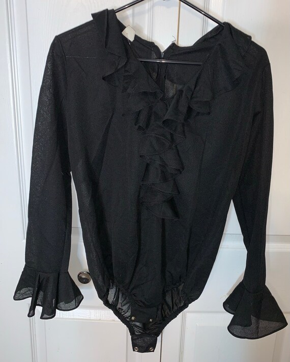Black sheer bodysuit has ruffled collar and sleev… - image 3