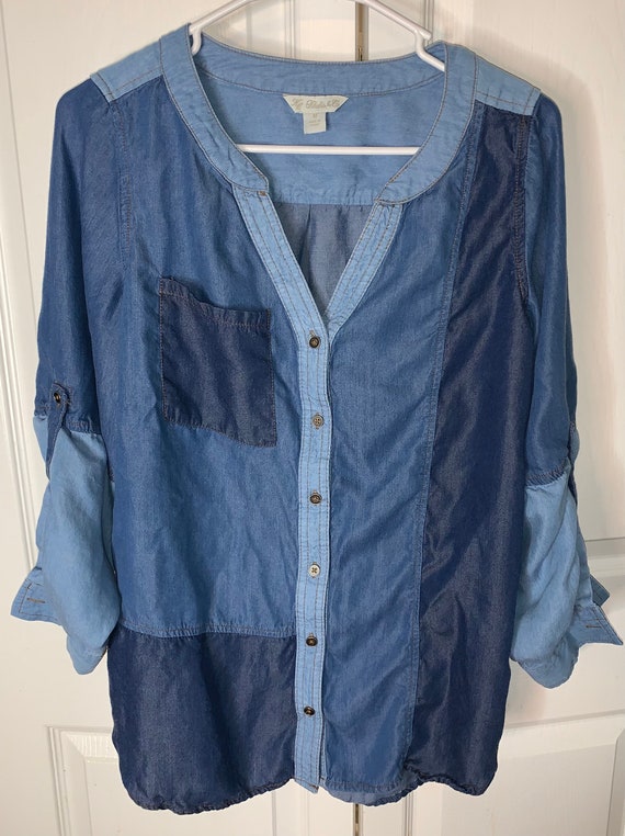 Blue Jean faded blue collared patch work button down… - Gem