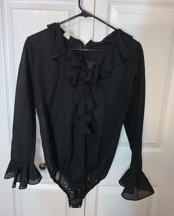 Black sheer bodysuit has ruffled collar and sleev… - image 2