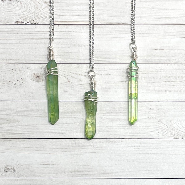 Quartz Crystal Necklace Olive Green Semi Transparent