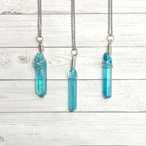 Quartz Crystal Necklace Aqua Blue Semi Transparent