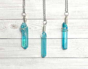 Quartz Crystal Necklace Aqua Blue Semi Transparent