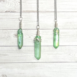 Quartz Crystal Necklace Green Semi Polished