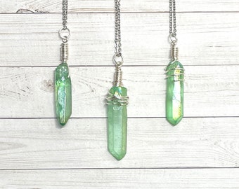 Quartz Crystal Necklace Green Semi Polished