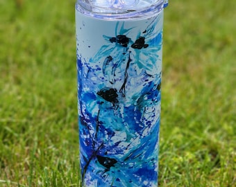 20 oz Tumbler - Blue Splatter Flowers - By Ian M - Art with a Heart supporting artisans with barriers
