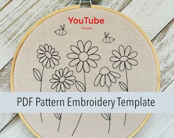 Modèle PDF numérique de broderie à la main pour débutants marguerites et abeilles Cerceau de broderie de 6 po.