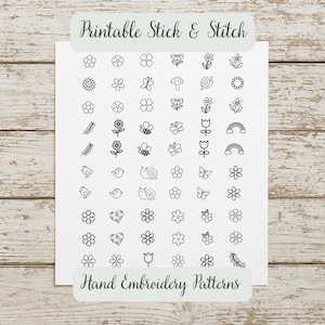 Peut inclure: Une feuille blanche avec le texte "Printable Stick & Stitch" et "Hand Embroidery Patterns" présente de nombreux petits dessins au trait noirs de fleurs, d'insectes et d'autres éléments inspirés de la nature, parfaits pour les projets de broderie.