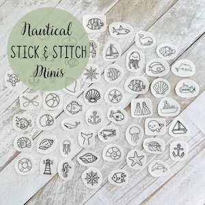 May include: A collection of small, white, embroidered patches with nautical themes, including fish, boats, anchors, and sea creatures. The patches are arranged on a light wood-grain surface. The text "Nautical Stick & Stitch Minis" is in a green circle.