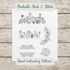 Op de afbeelding: Een wit vel papier met verschillende zwarte bloemmotieven. De ontwerpen omvatten boeketten, randen en individuele bloemillustraties. De tekst "Printable Stick & Stitch" en "Hand Embroidery Patterns" is ook aanwezig.