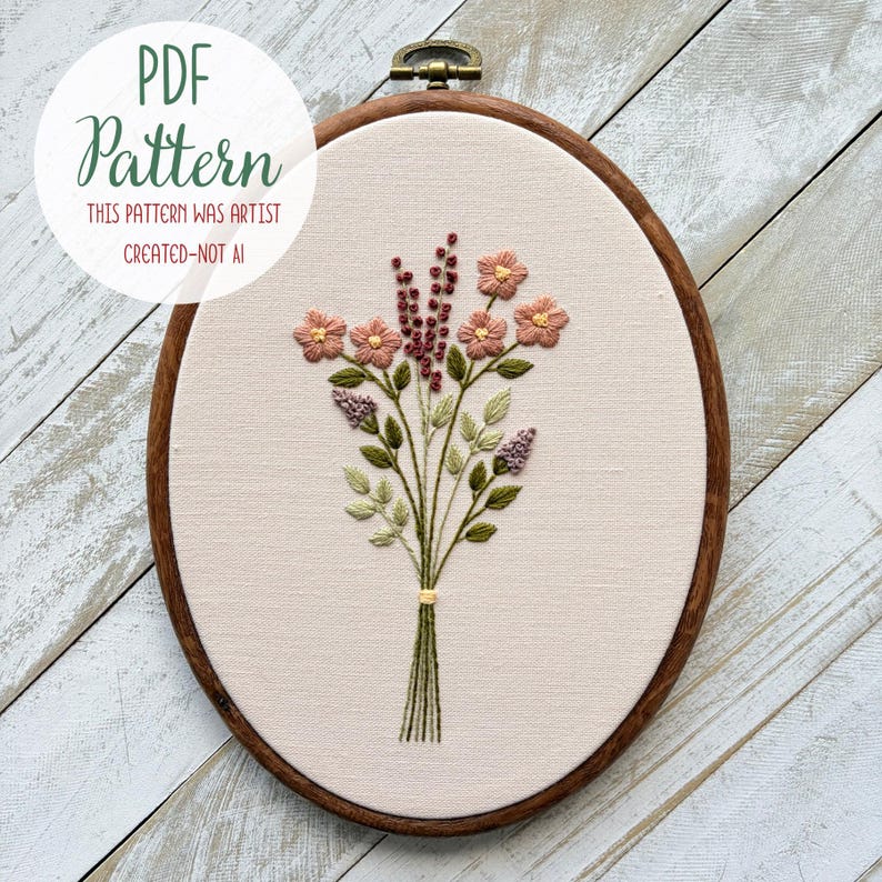 Wildflower Bouquet Modern Hand Embroidery Digital PDF Pattern | Floral ...