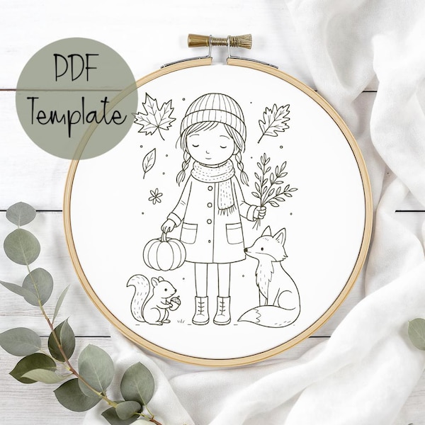 Padrão de Bordado Menina do Outono: Animais da Floresta, Arte Floral em Bastidor (Download em PDF)