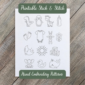 Puede incluir: Una hoja blanca con diseños de líneas negras etiquetada como Printable Stick & Stitch Hand Embroidery Patterns. Los iconos incluyen un dinosaurio, pingüino, jirafa, biberón, huellas, body, conejito, flor, luna, sol, bloques, elefante, pato y ballena.