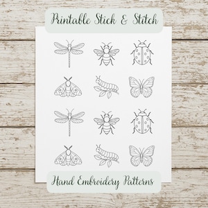 May include: Printable Stick & Stitch sheet featuring hand embroidery patterns of various insects, including dragonflies, bees, ladybugs, moths, caterpillars, and butterflies. The designs are in black and white, perfect for embroidery projects. The text "Hand Embroidery Patterns" is also included.