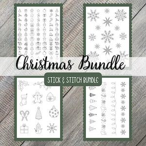 May include: A Christmas bundle of four white sheets featuring black line art designs for embroidery. The sheets display various holiday icons including snowflakes, gingerbread men, stockings, candy canes, trees, and mugs with the text Christmas Bundle.