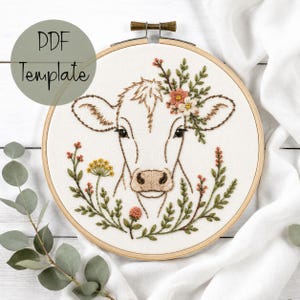 Floral Cow Hand Embroidery Template PDF | Farmhouse Hand Embroidery Pattern | Cow with Wildflowers | Instant Download Gift