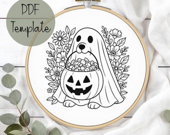 Borduurpatroon Halloween spookhond: bloemen hoepelkunst (pdf-download)