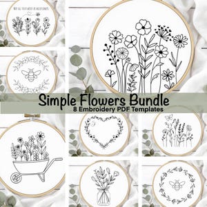 Simple Flowers Embroidery Pattern BUNDLE, Easy Hand Embroidery Templates, Beginner Hand Embroidery Patterns, Modern Flowers, Gift