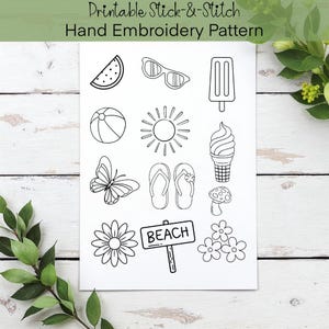 Summer Stick and Stitch Designs, Water Soluble Patches, Hand Embroidery Pattern, Digital Download PDF Template Gift