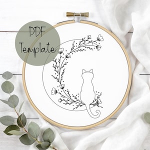 Crescent Moon Cat Embroidery Pattern: Modern Floral Design (6" PDF Template)