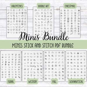 May include: A collection of printable PDF bundles featuring various doodle art themes. The image showcases designs for Valentine's Day, Doodle Art, Christmas, Floral, Western, Fall, and Sea/Nautical. Each theme includes numerous small, hand-drawn illustrations.