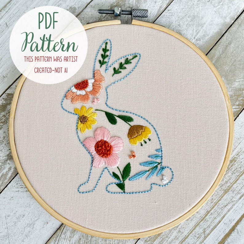 Spring Bunny Hand Embroidery Pattern PDF | Floral Easy Hand Embroidery ...