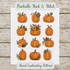Pumpkin Stick & Stitch Embroidery Patterns | Printable Water-Soluble Transfer Sheet | 12 Autumn Hand Embroidery Designs | Digital PDF Gift