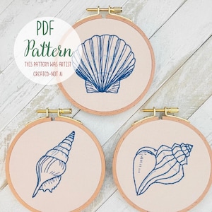 Drei Muschel Digitale PDF Handstickerei Muster 4 ”sind 3 Muschel Stickmuster Küstennautisches Muster Geschenk