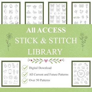 Pode incluir: Uma coleção de download digital intitulada ALL ACCESS STICK & STITCH LIBRARY com mais de 50 padrões de bordado. O conjunto inclui seis folhas retangulares com ilustrações de linhas pretas de galinhas, insetos, borboletas, flores, artigos de bebê e motivos de outono.