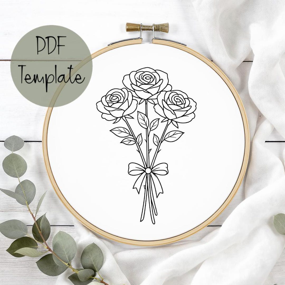 Rose Bouquet Hand Embroidery Pattern Template, June Birth Flower ...