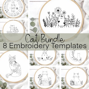 Pacote de Padrões de Bordado de Gatos – 8 Desenhos Fofos de Gatos, Modelos Digitais em PDF para Bastidor de 6”, Bordado à Mão Fácil para Iniciantes, Download Instantâneo