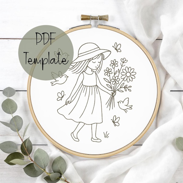 Padrão de bordado à mão Menina com Flores: Arte em bastidor para iniciantes (Download em PDF)