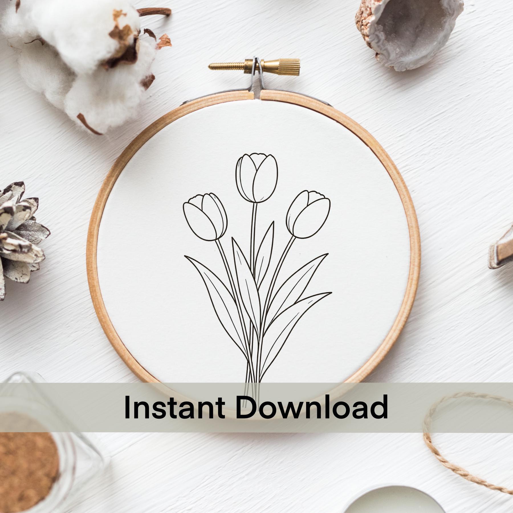 Tulip Embroidery Pattern Template PDF • Floral Line Art Template ...
