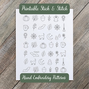 Mini Fall Stick & Stitch Embroidery Patterns | Printable Embroidery Transfer Sheet | Autumn Halloween Hand Embroidery Designs | PDF Gift