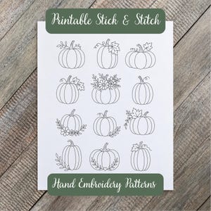 Pumpkin Stick & Stitch Embroidery Patterns | Printable Water-Soluble Transfer Sheet | 12 Autumn Hand Embroidery Designs | Digital PDF Gift
